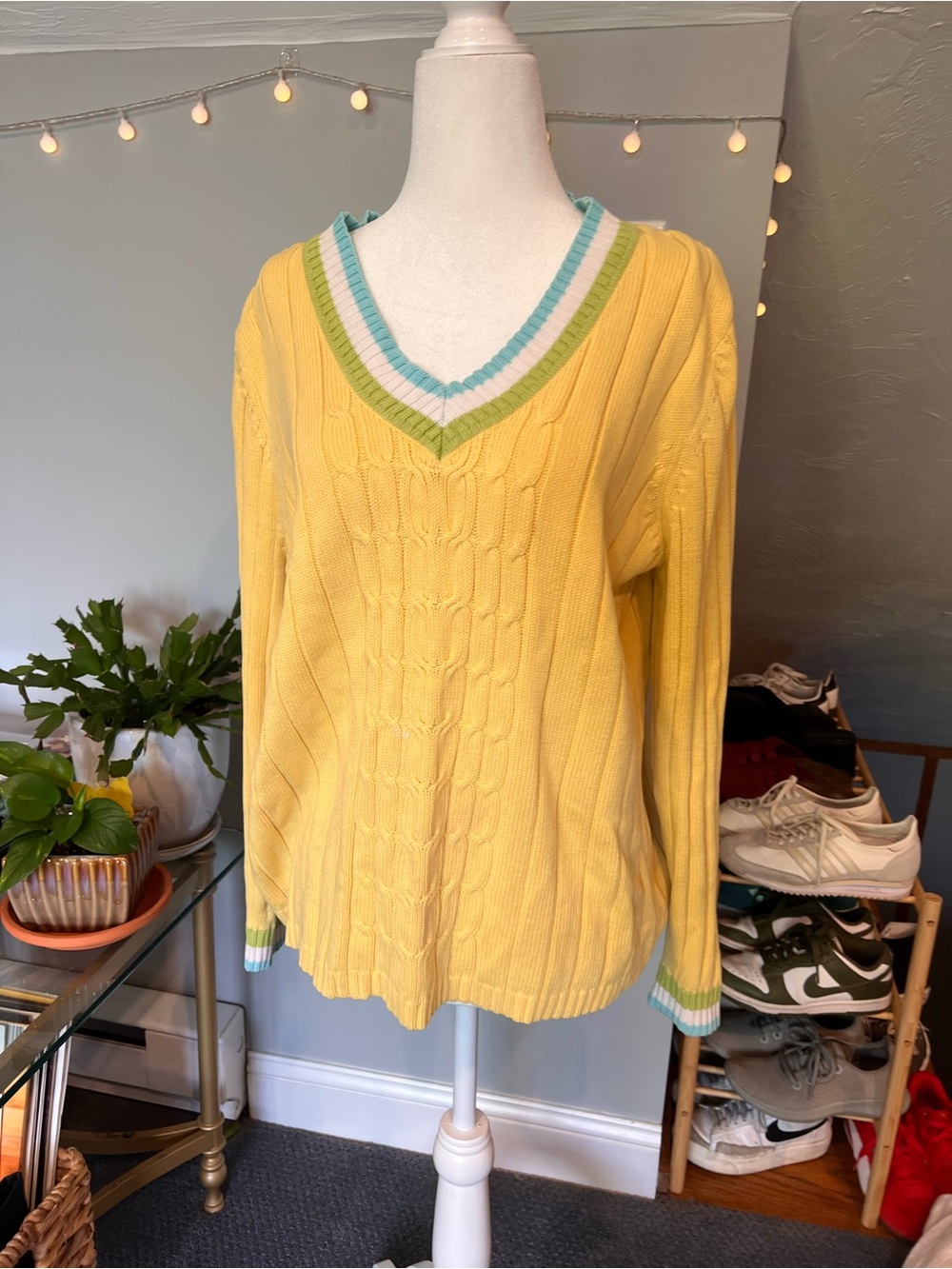 Vintage Yellow V-Neck Cable Knit Sweater - Brand Unspecified